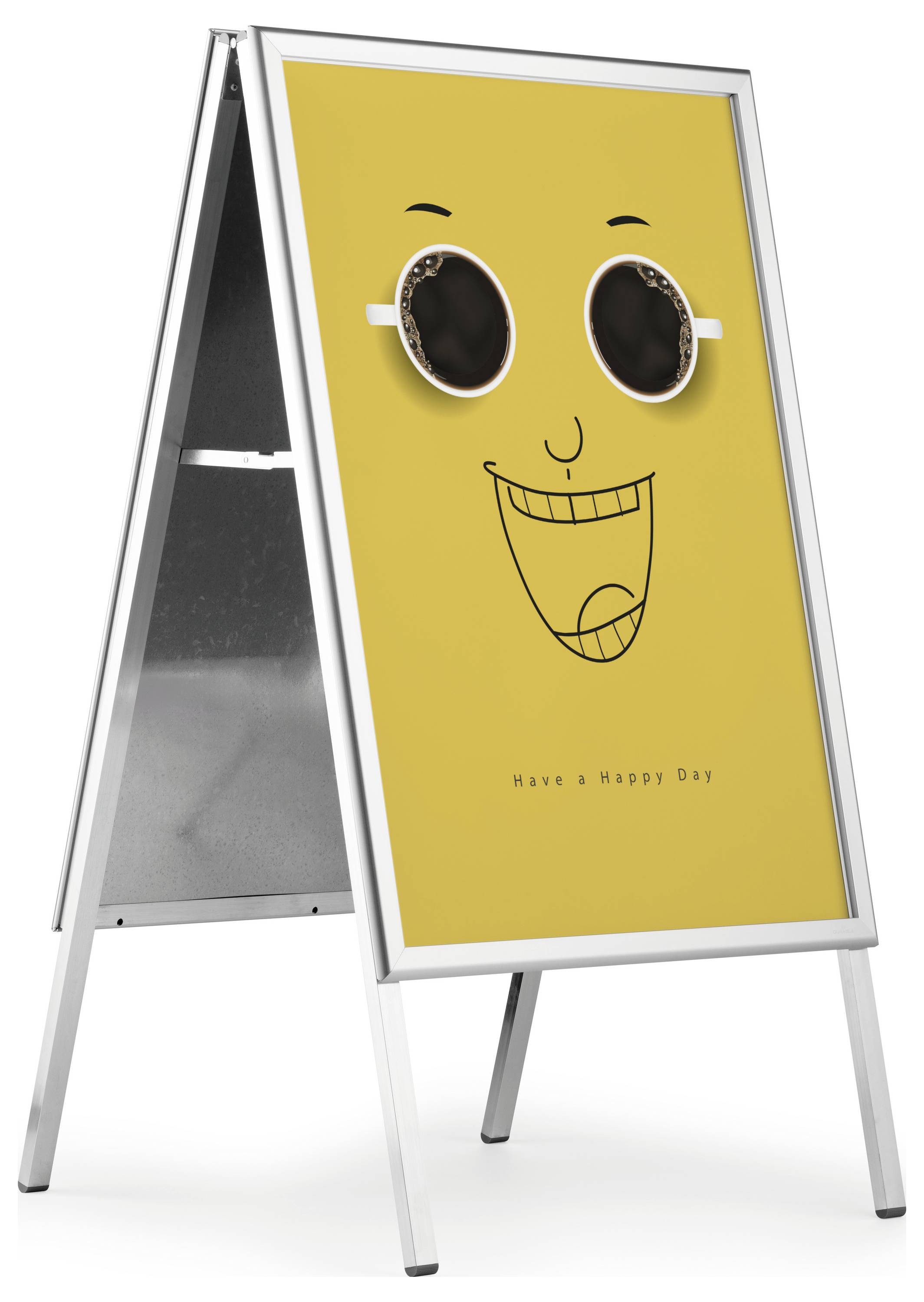 Panneau en forme de A avec un fond jaune affichant un visage souriant portant des lunettes de soleil. Le texte ci-dessous lit « Ayez une bonne journée ».