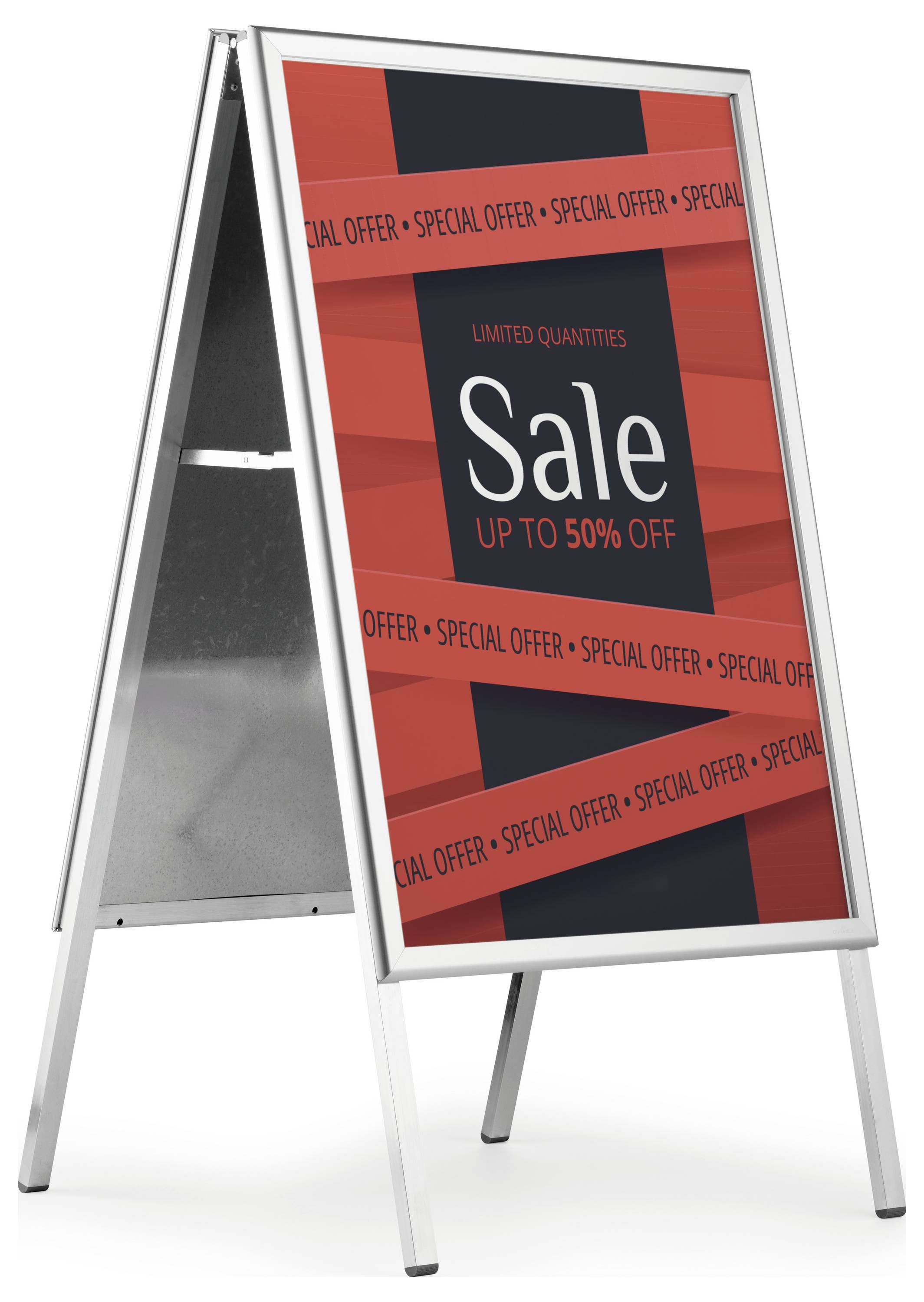 Panneau en A affichant « Vente Quantités Limitées Jusqu'à 50% de Réduction » sur un fond rouge avec « Offre Spéciale » répété en diagonale.