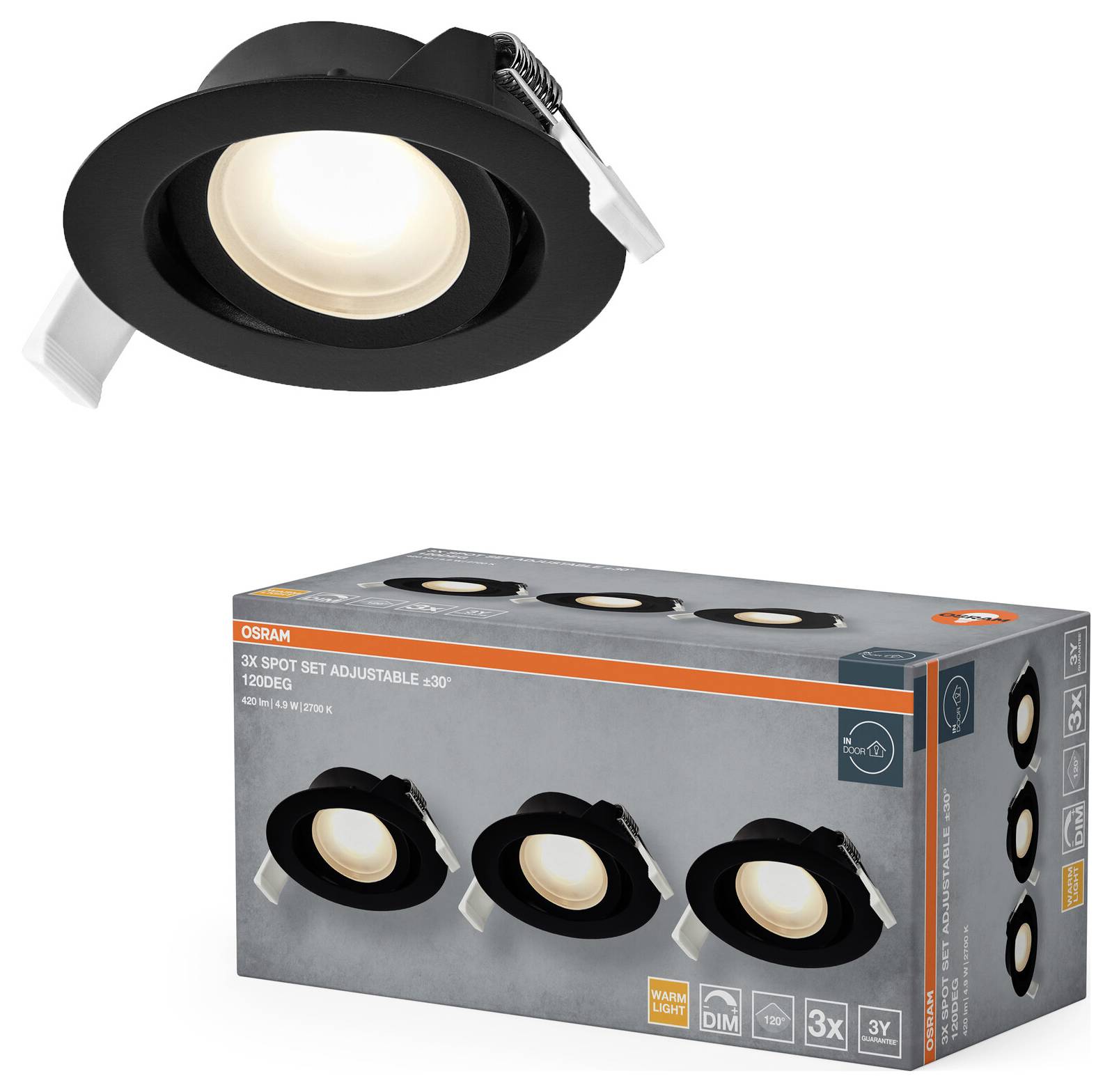 Projecteur encastré noir réglable avec emballage, composé d'un ensemble de trois luminaires par Osram. Convient au gradation, 1200 lumens.
