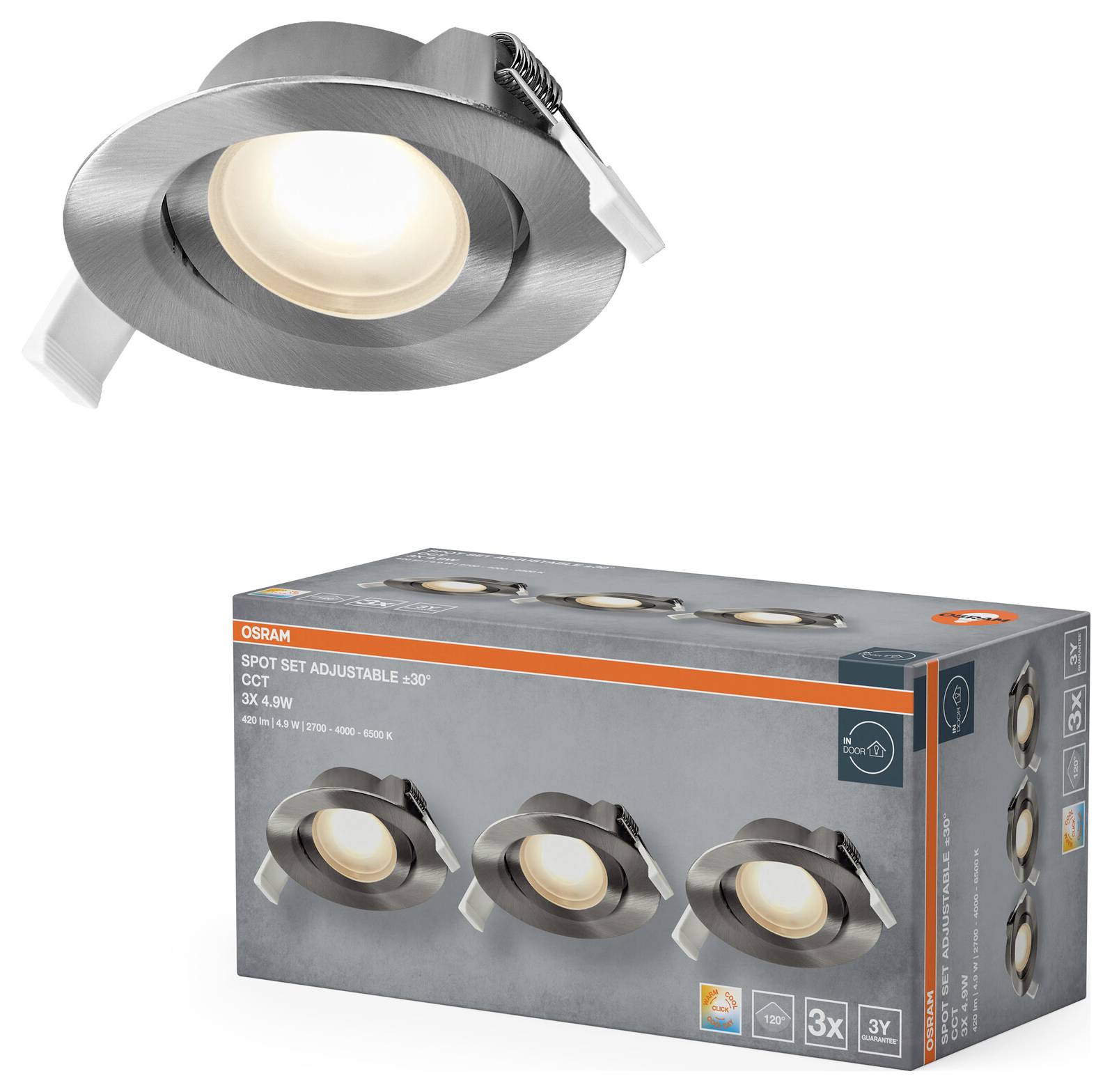 Ensemble de projecteurs LED réglables avec finition en métal brossé, émettant une lumière blanche douce. L'emballage affiche trois projecteurs et la marque du produit.