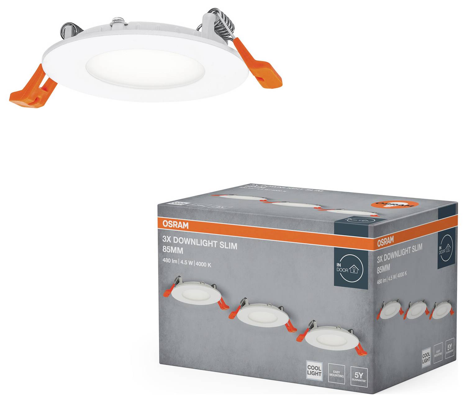 Spot LED encastré rond avec cadre blanc et clips orange ; une boîte présentant trois spots encastrés de 85mm, 400 lumens, 5W, température de couleur 4000K.
