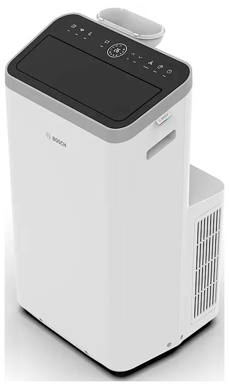 Un climatiseur portable Bosch blanc avec un panneau de commande numérique et une gaine, conçu pour le refroidissement des pièces.