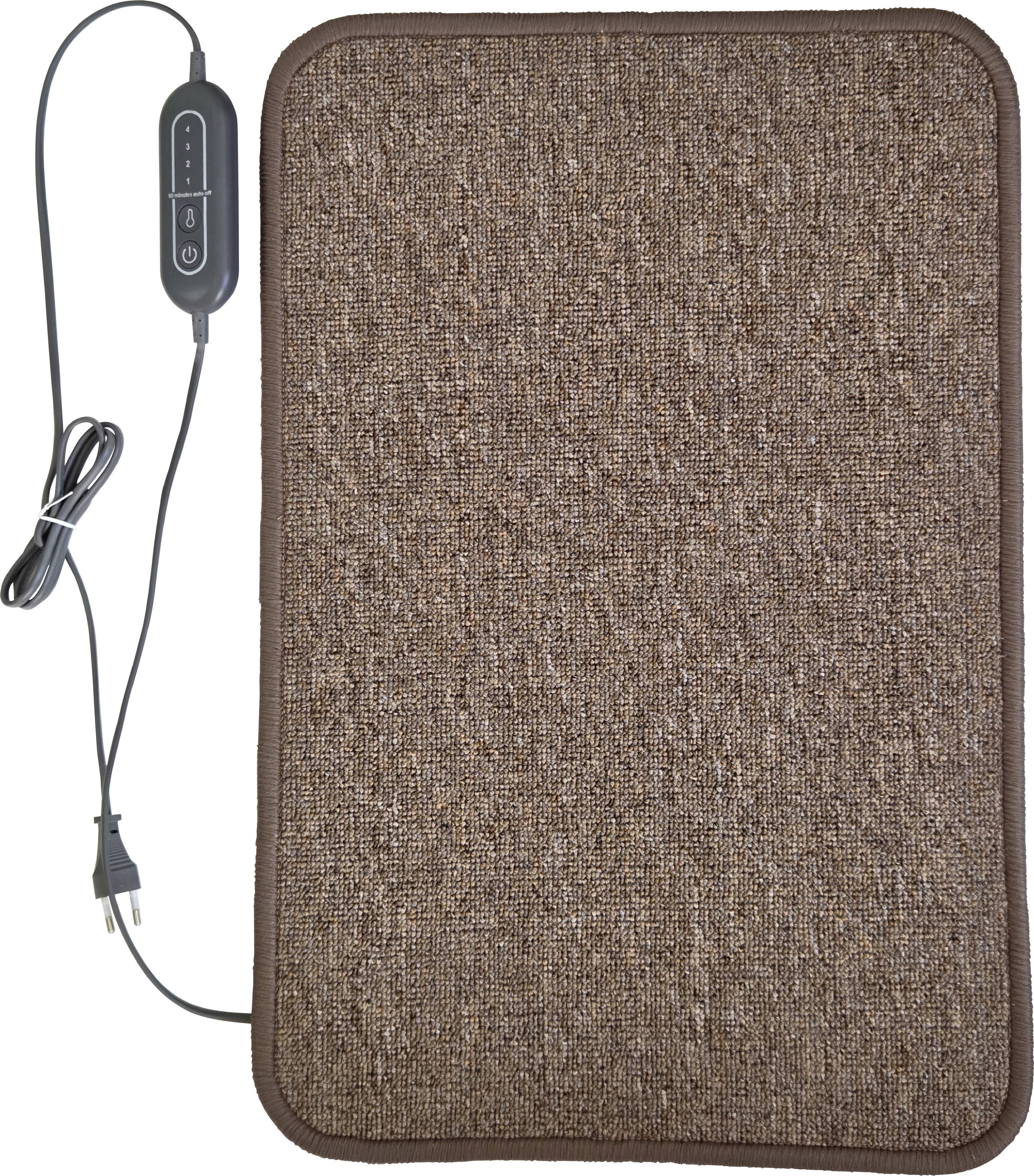 Coussin chauffant rectangulaire marron avec surface en tissu texturé, panneau de commande attaché et prise électrique sur le côté gauche.
