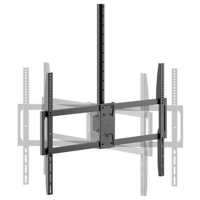 Un support TV noir avec bras réglables est présenté, illustrant sa flexibilité et sa plage de mouvement pour les installations murales ou au plafond.