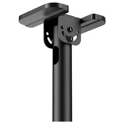 Équerre de fixation noire avec trous de montage conçue pour attacher des objets à un poteau cylindrique.