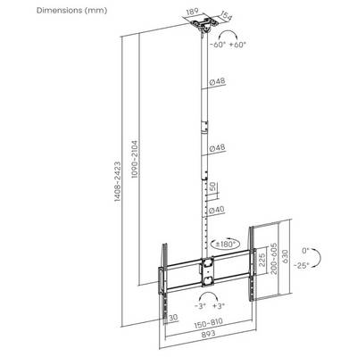 Dimensions du support TV réglable : hauteur 1409-2423 mm, inclinaison 0-25°, décalage 30-70 mm, rotation ±180°, longueur du bras 1090-2104 mm.
