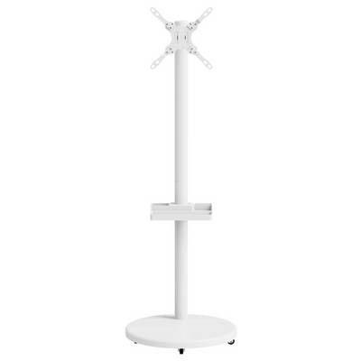 Un meuble TV blanc avec une base plate, un pied réglable en hauteur, un support de fixation et une petite étagère pour les accessoires.