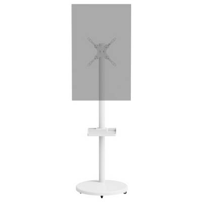 Support de moniteur blanc ajustable avec base circulaire et bras. Le support peut tenir un écran et convient à un usage de bureau ou de présentation.