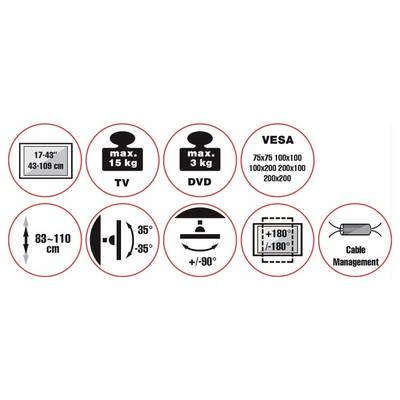 'TV : 17-43 pouces (43-109 cm), max 15 kg ; DVD : max 3 kg. Hauteur ajustable : 83-110 cm. Pivotement : 35° ; Inclinaison : +90°. Support VESA : 75x75 à 200x200. Gestion des câbles incluse.'