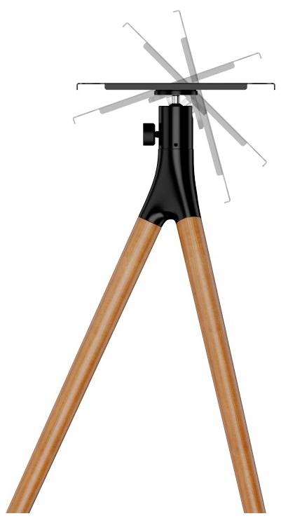 Un trépied avec une tête réglable noire et des pieds en bois, démontrant plusieurs angles d'inclinaison de la tête.