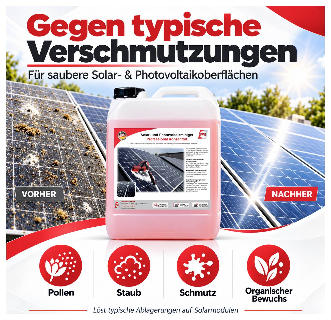 Graphique publicitaire pour nettoyant solaire : modules solaires sales avant et propres après, bidon de produit au centre ; élimine le pollen, la poussière, la saleté et la croissance algale.