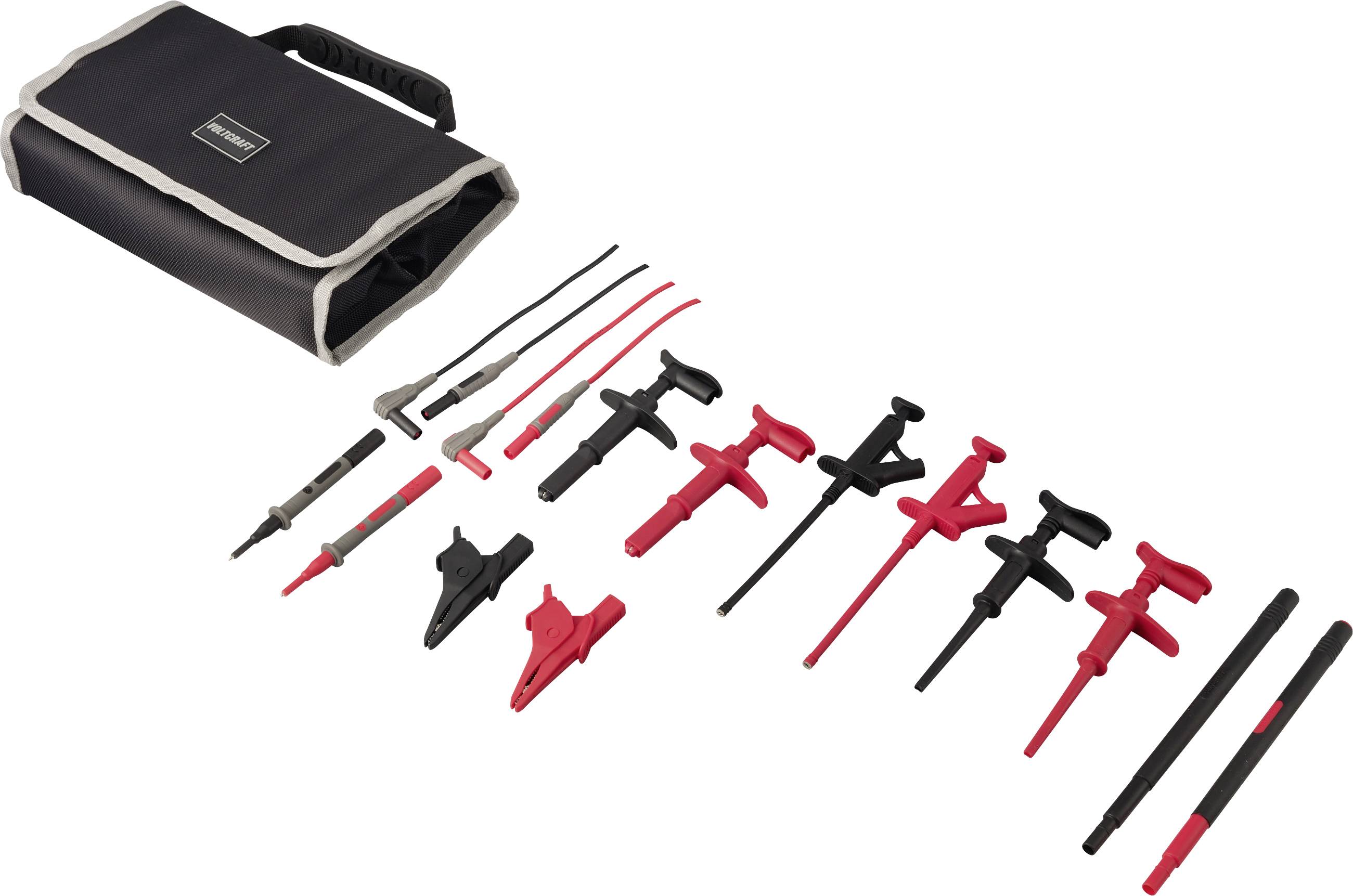 Kit de câbles de testeur numérique avec étui de transport, présentant une assortiment de sondes, pinces et adaptateurs disposés sur un fond blanc.