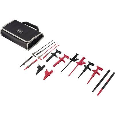 Kit de câbles de testeur numérique avec étui de transport, présentant une assortiment de sondes, pinces et adaptateurs disposés sur un fond blanc.