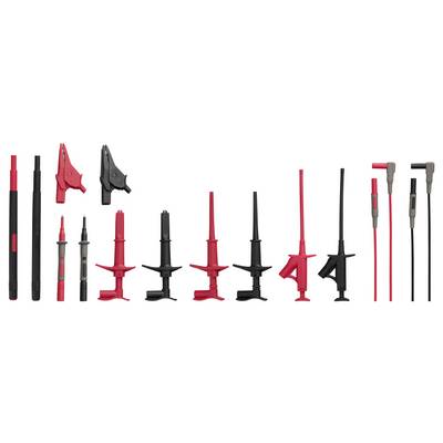 Ensemble de sondes de test rouges et noires et de pinces crocodiles disposées par paires sur un fond blanc.