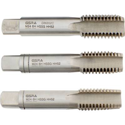 Trois outils tarauds métalliques étiquetés « GSR DIN352C M24 6H HSSG HH52 » pour le filetage ; chacun a une profondeur de filetage et un profil différents.