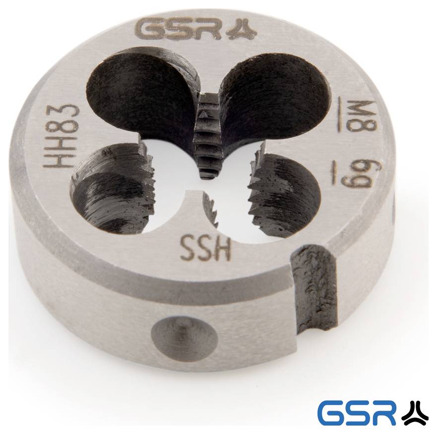 « Un filière cylindrique en métal étiquetée GSR, M8, 6g, HSS, avec des fentes de filetage internes, utilisée pour le filetage des tiges dans les applications mécaniques. »