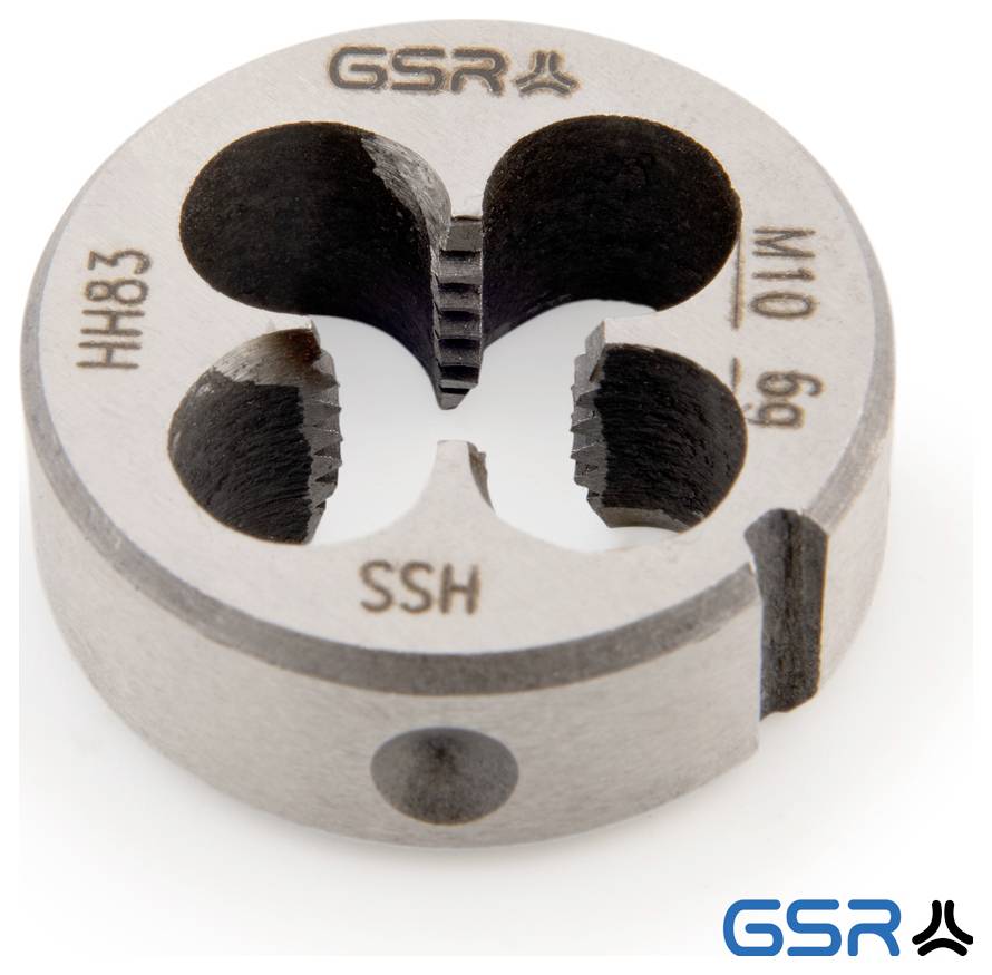 Un outil à fileter en métal arrondi GSR avec des rainures, marqué « HH83 HSS M10 6g », utilisé pour le filetage ; logo en bleu en bas à droite.