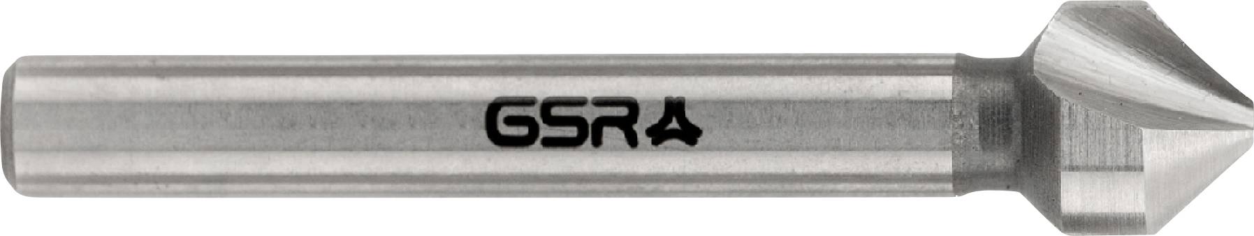 Une fraise à chanfreiner en métal avec une queue cylindrique et une arête de coupe conique, présentant le logo « GSR » sur sa surface.