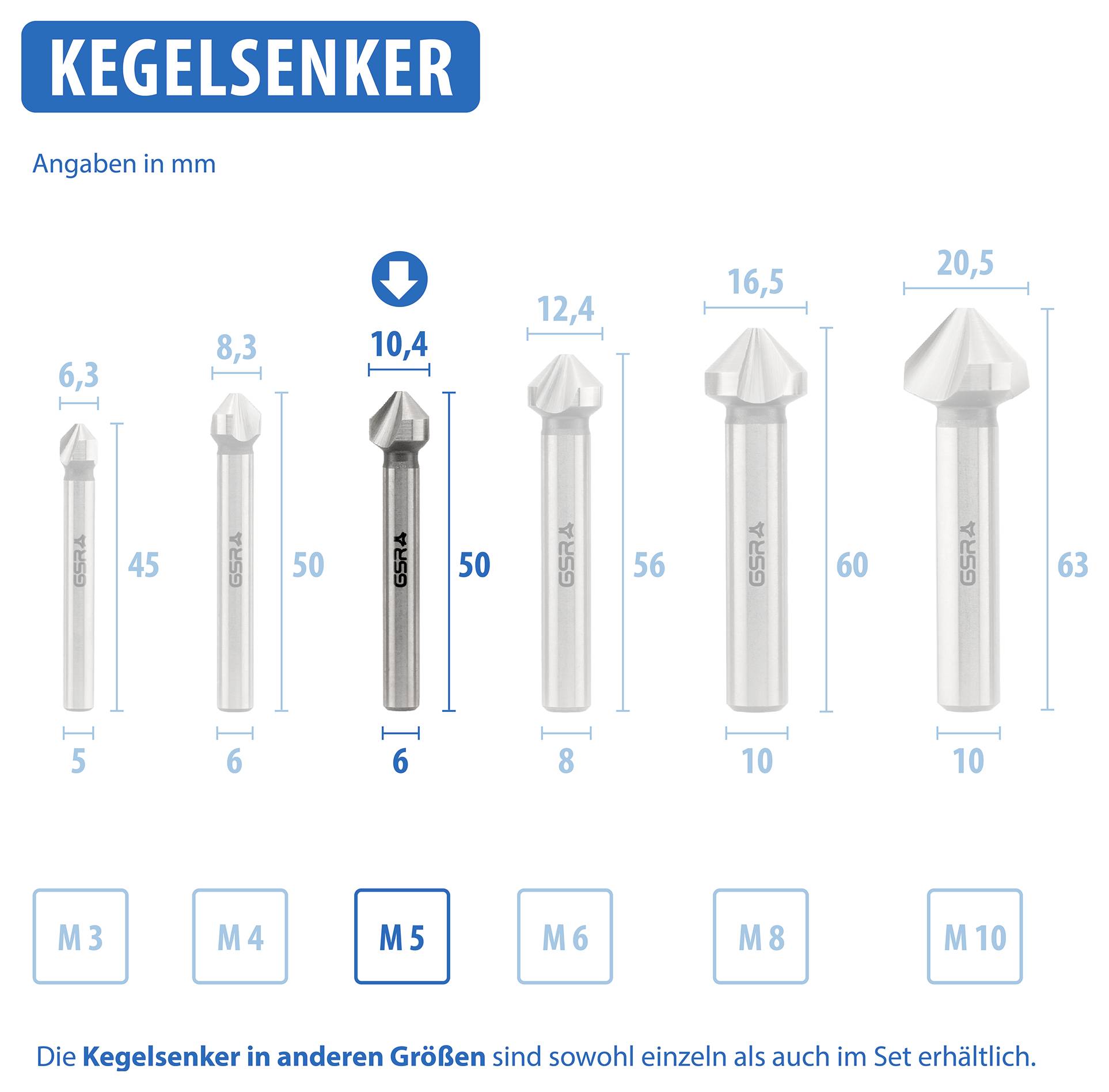 'Ensemble de fraises coniques en tailles M3 à M10. Focus principal sur M6, diamètre 12,4 mm. Disponible individuellement ou en ensemble.'