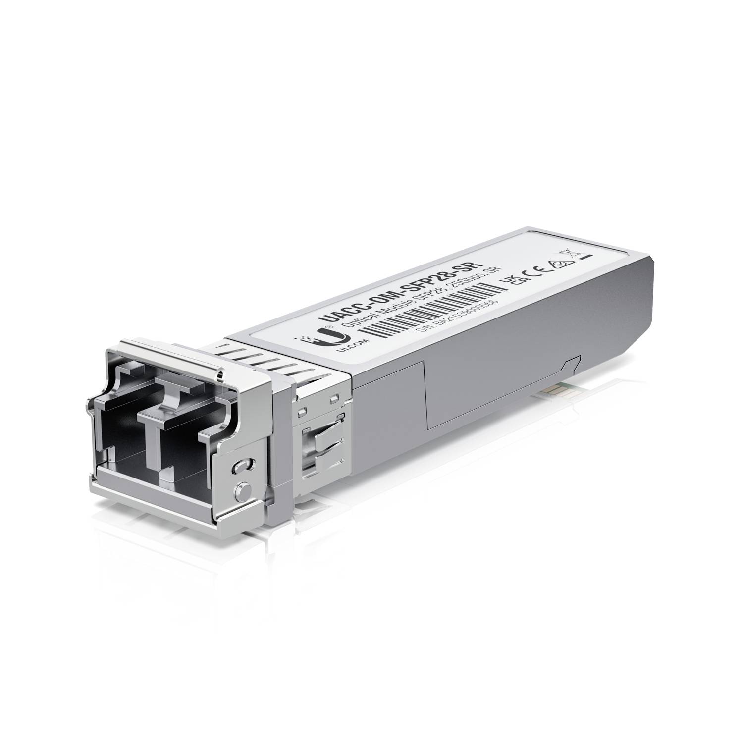 Un module SFP argenté avec des ports de connecteur pour câbles de fibres optiques, étiqueté « US‑XG‑SFP+‑SR ». Convient pour un transfert de données à haut débit.