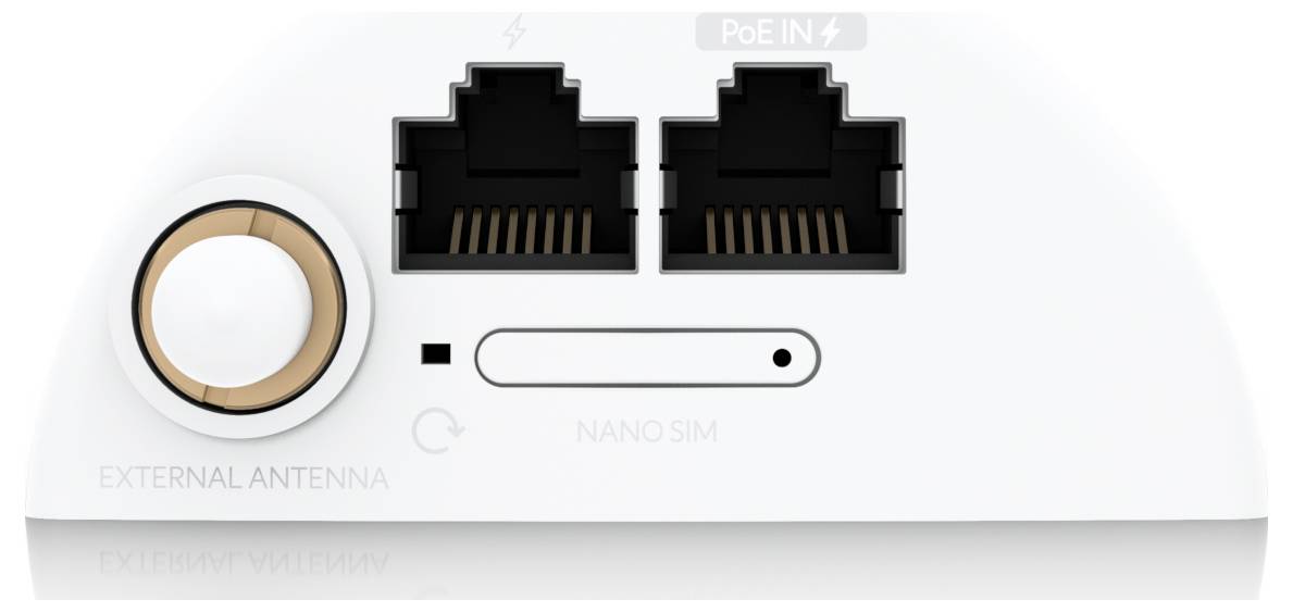Appareil Wi-Fi extérieur avec deux ports Ethernet étiquetés « PoE IN », un port d'antenne externe et une fente pour carte nano SIM.