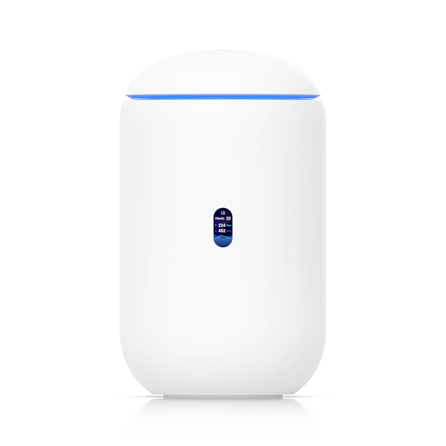 Un routeur Wi-Fi intelligent blanc et élégant avec un indicateur LED bleu discret sur le dessus, doté d'un petit panneau de contrôle avec des boutons sur la façade.