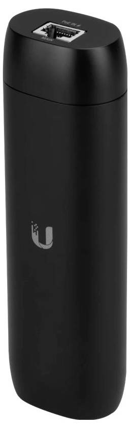 Appareil électronique cylindrique noir avec un port Ethernet sur le dessus, présentant un logo sur le côté.