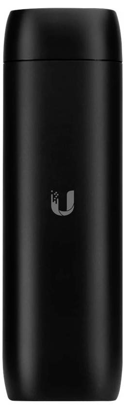 Un thermos cylindrique noir avec un logo au centre.
