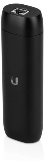 Un adaptateur Wi-Fi cylindrique noir avec un port Ethernet en haut et un logo sur le côté.