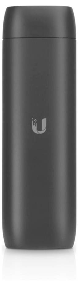 Un appareil cylindrique noir avec un logo Ubiquiti sur sa façade, probablement un gadget électronique portable.