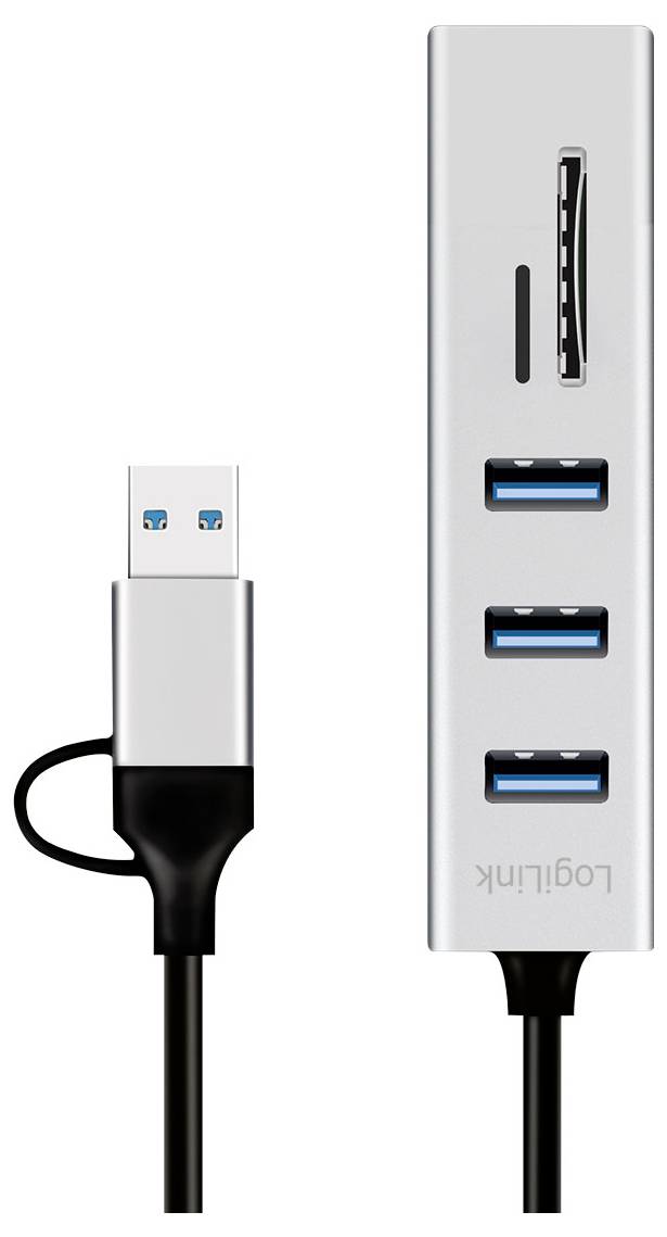 Adaptateur concentrateur USB-C vers USB-A avec lecteur de carte SD et trois ports USB, montrant le câble attaché et le connecteur.