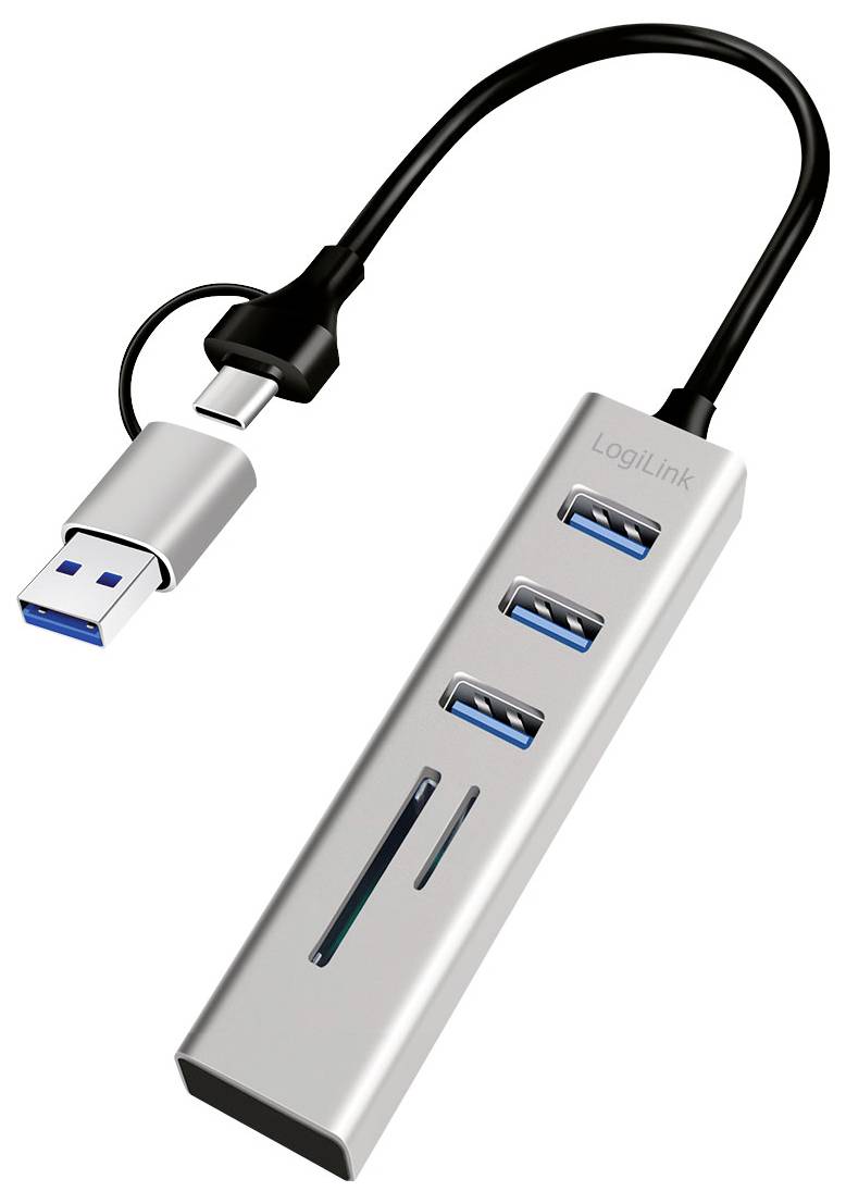 Adaptateur concentrateur USB-C vers USB-A avec trois ports USB et emplacements pour cartes SD/microSD, marqué « LogiLink ».