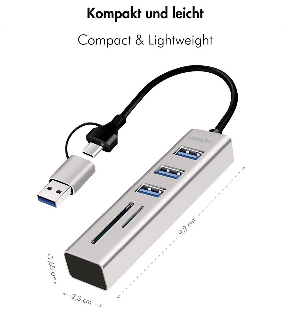 LogiLink UA0445 Hub USB 3 ports USB-A, SDHC, microSDHC USB 3.0 5 GBit/s aluminium UA0445-3