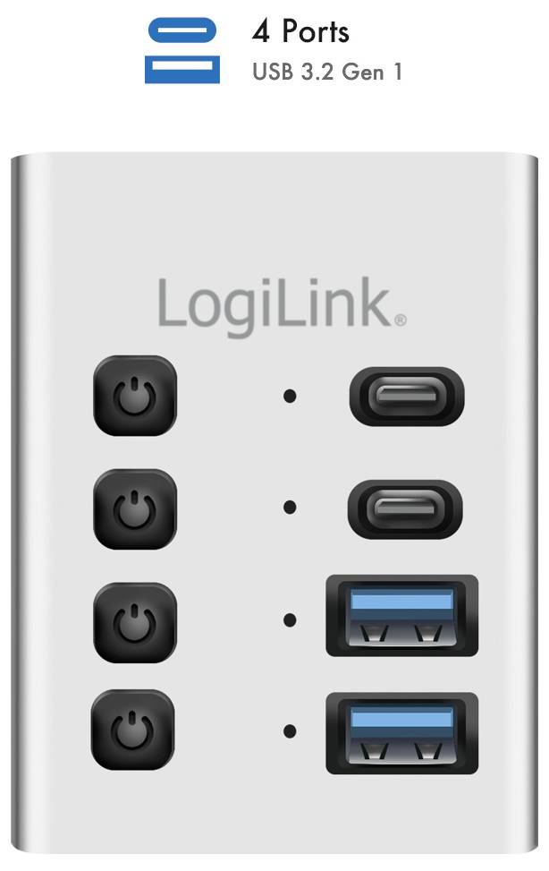 Concentrateur USB 3.2 Gen 1 LogiLink 4 ports avec quatre boutons d'alimentation et ports USB-A et USB-C mixtes.