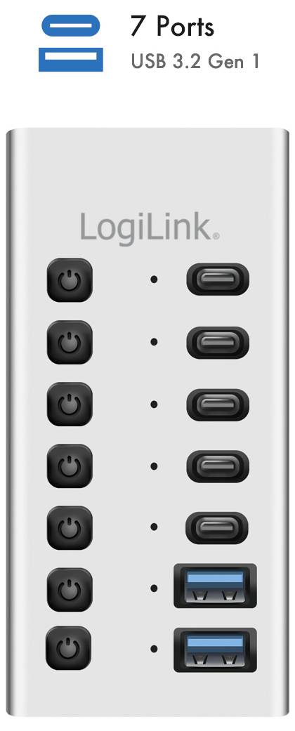 Concentrateur USB LogiLink avec 7 ports, incluant quatre ports USB-C et deux ports USB-A, plus des boutons d'alimentation à côté de chaque port.