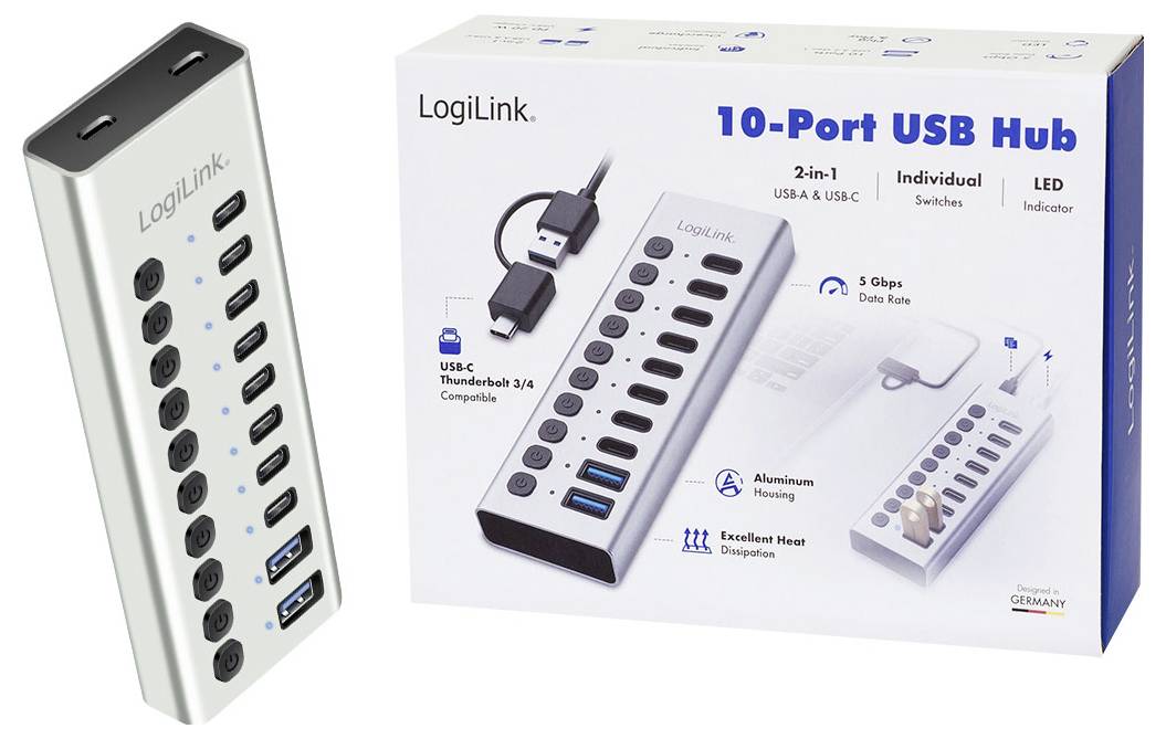 Image produit d'un concentrateur USB LogiLink à 10 ports avec commutateurs individuels, voyants LED, ports USB-C et USB-A, et emballage indiquant une vitesse de transfert de 5 Gbps.