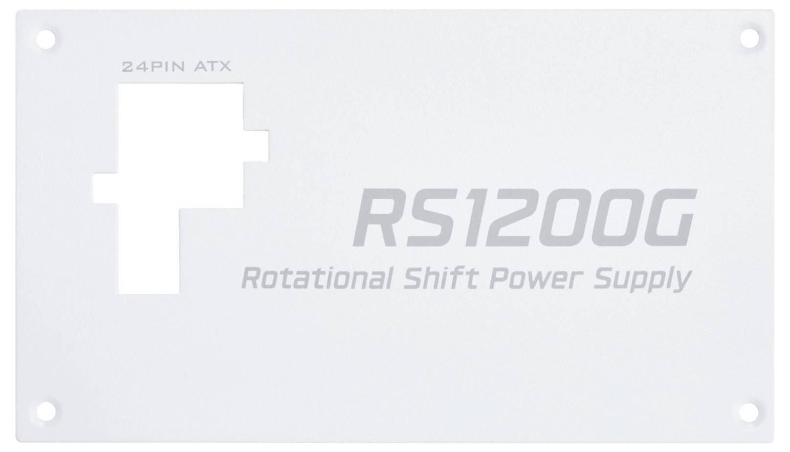 Un panneau blanc avec le texte « RS1200G Rotational Shift Power Supply » et une découpe étiquetée « 24PIN ATX » en haut à gauche.