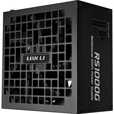 Alimentation Lian Li RS1000G avec design à rotation décalée, dotée d'une grille de ventilateur et d'un panneau latéral étiqueté pour les configurations informatiques.