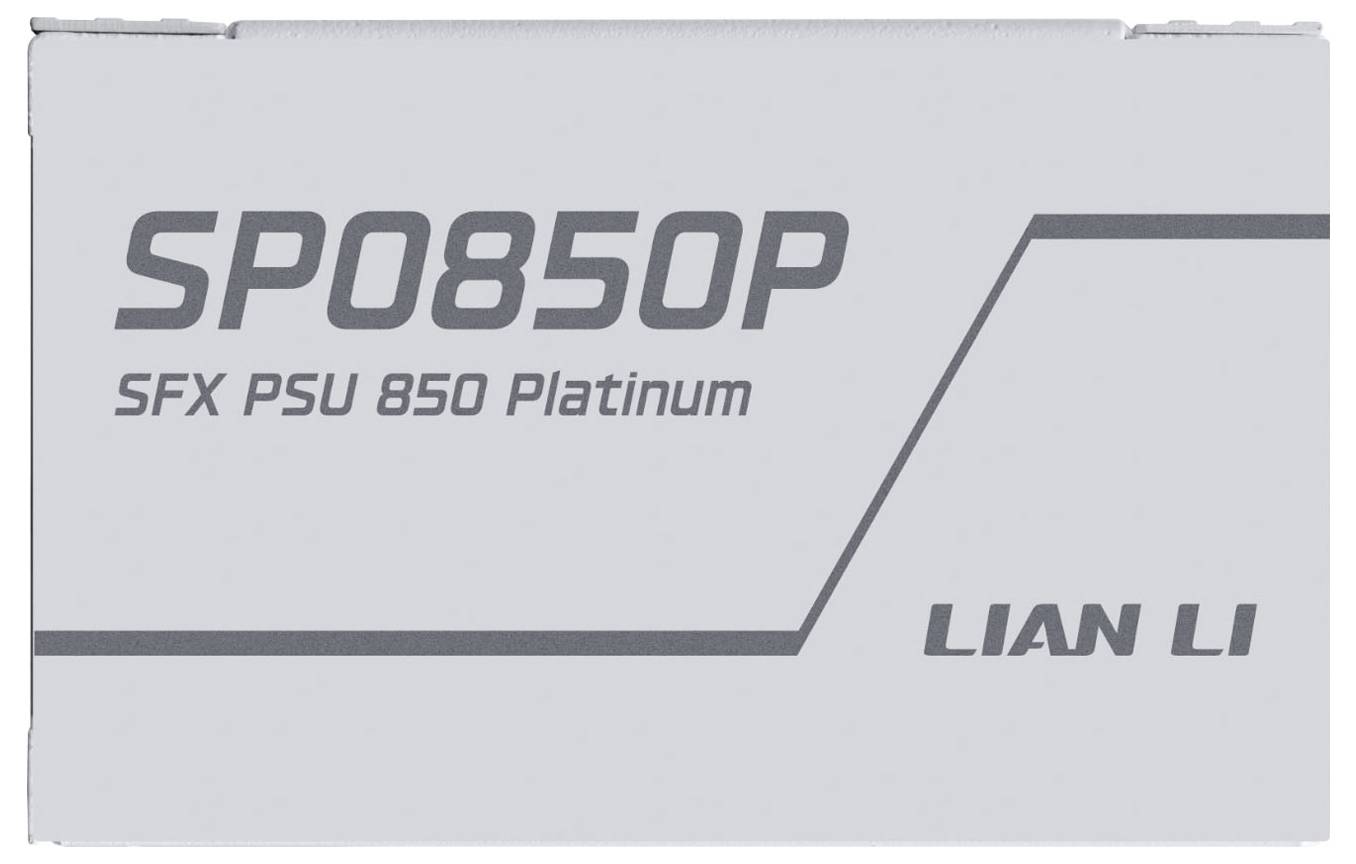 'Lian Li SP0850P SFX PSU 850 Platinum' texte sur une boîte de produit.