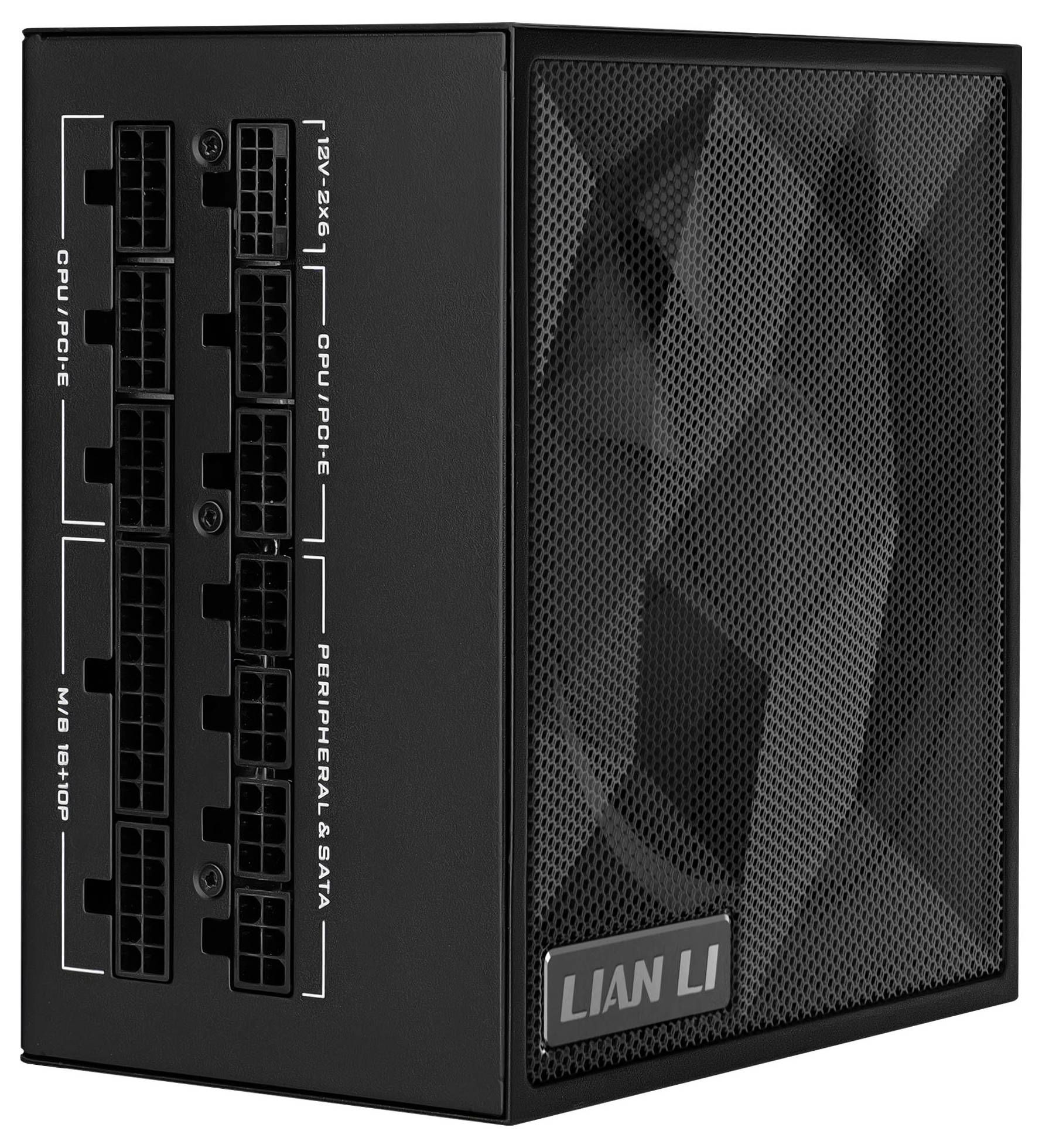 Unité d'alimentation électrique pour ordinateur de marque « Lian Li » avec connecteurs de câbles modulaires pour les connexions CPU, PCIe, périphériques et SATA.