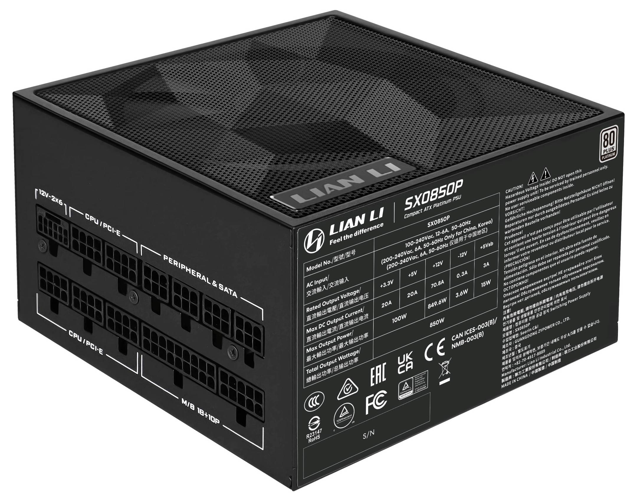 Unité d'alimentation électrique pour ordinateur 'Lian Li SX0850P' noire avec connecteurs modulaires et capacité de 850W, dotée de certifications d'efficacité énergétique et de sécurité.