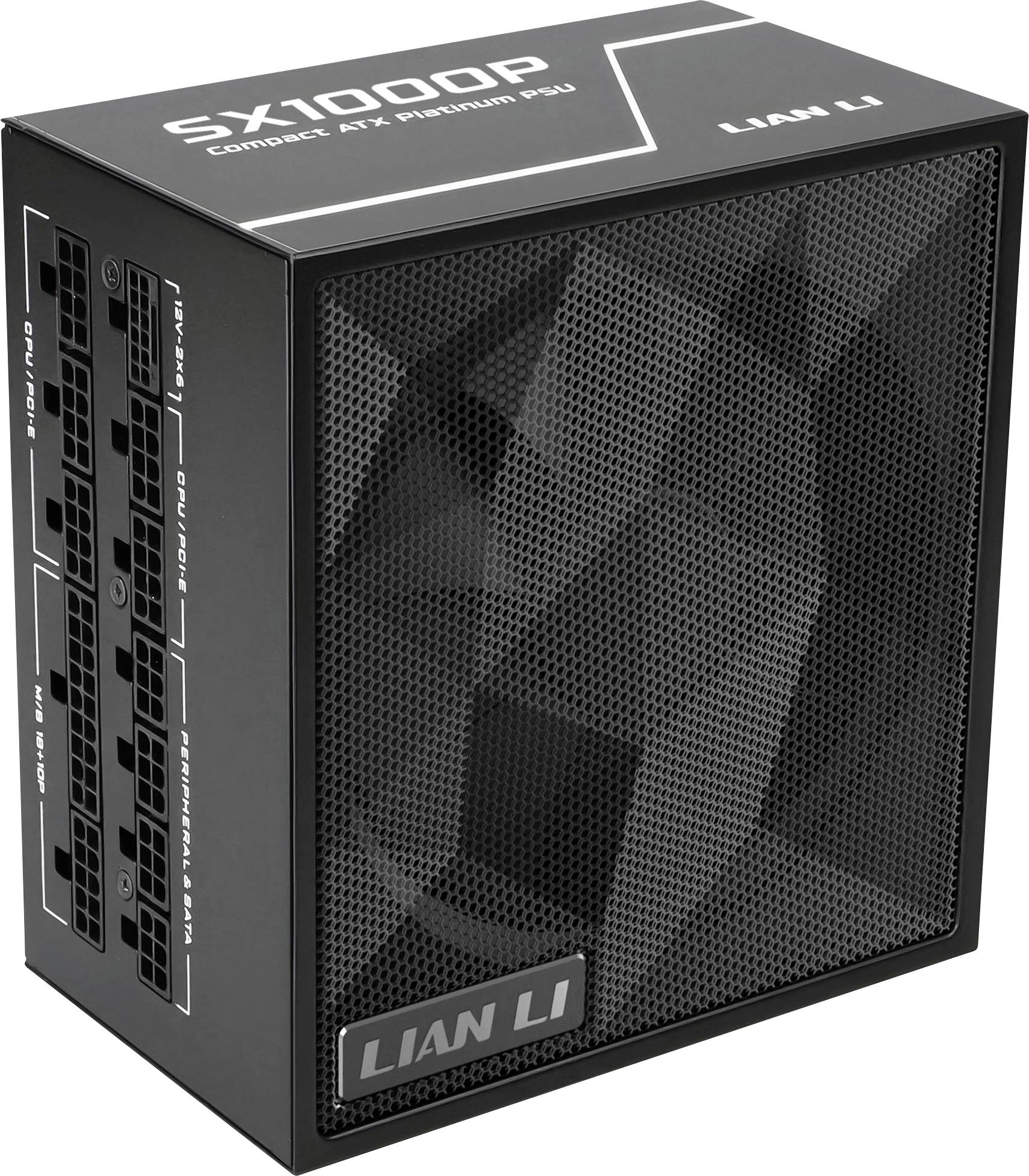 Unité d'alimentation premium SX1000P Compact ATX Lian Li affichant les ports du panneau latéral et la marque. Conception noire et métallique avec façade en maille.