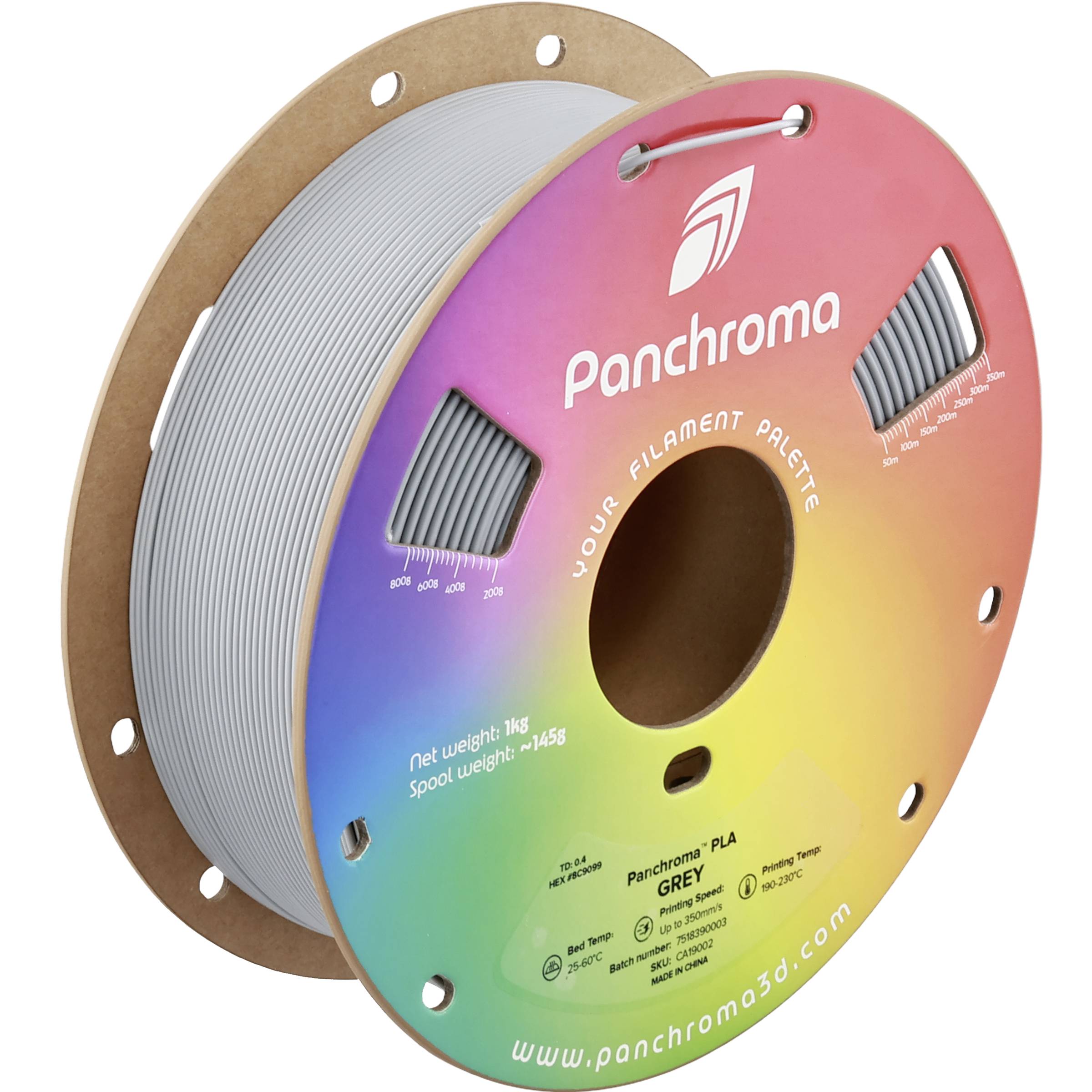 Bobine de filament PLA Panchroma avec étiquette multicolore arc-en-ciel et filament gris enroulé sur une bobine en carton brun.