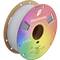Bobine de filament PLA Panchroma avec étiquette multicolore arc-en-ciel et filament gris enroulé sur une bobine en carton brun.