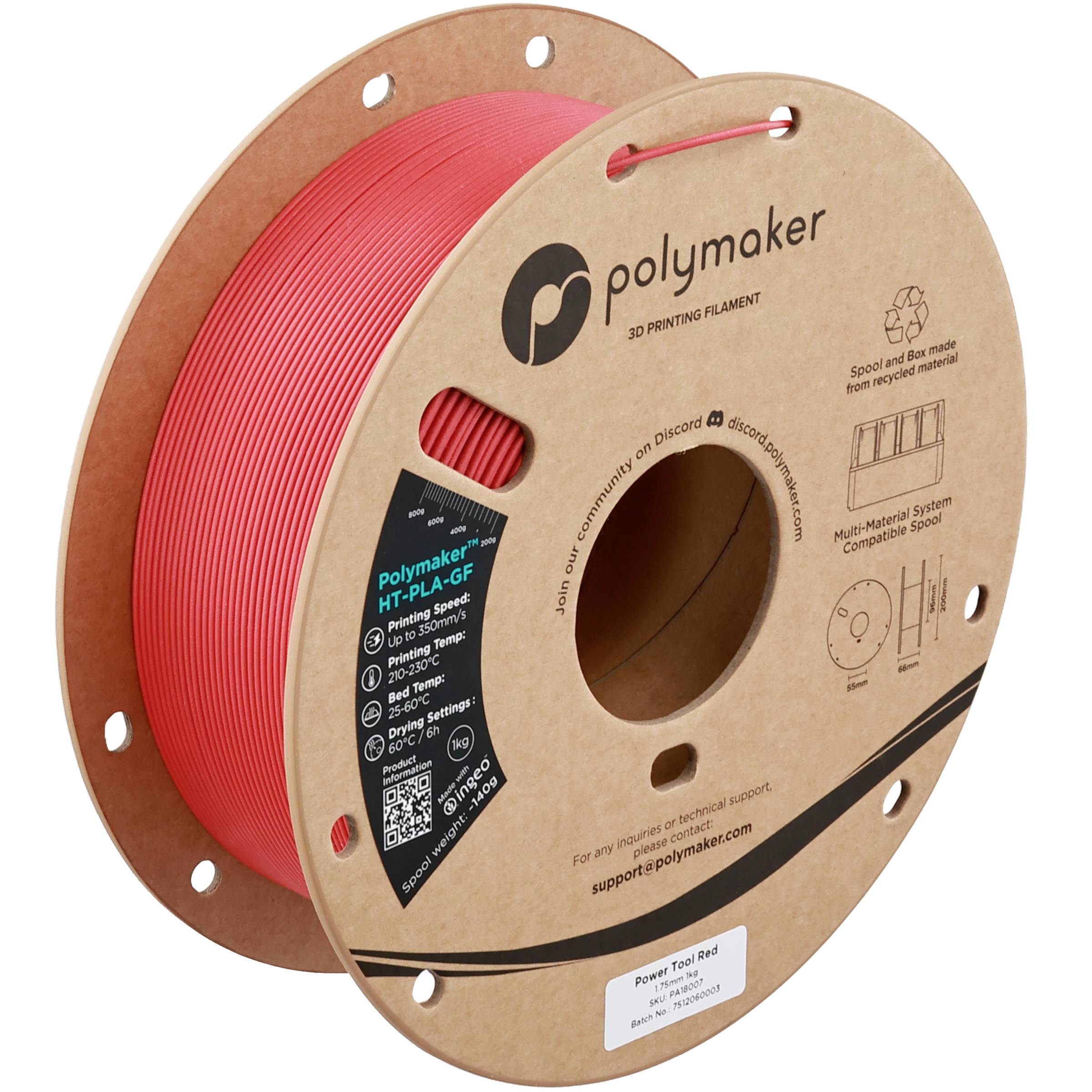 Bobine de filament d'impression 3D PolyMaker rouge vif sur une bobine en carton avec étiquettes de produit et trous de préhension.