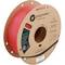 Bobine de filament d'impression 3D PolyMaker rouge vif sur une bobine en carton avec étiquettes de produit et trous de préhension.