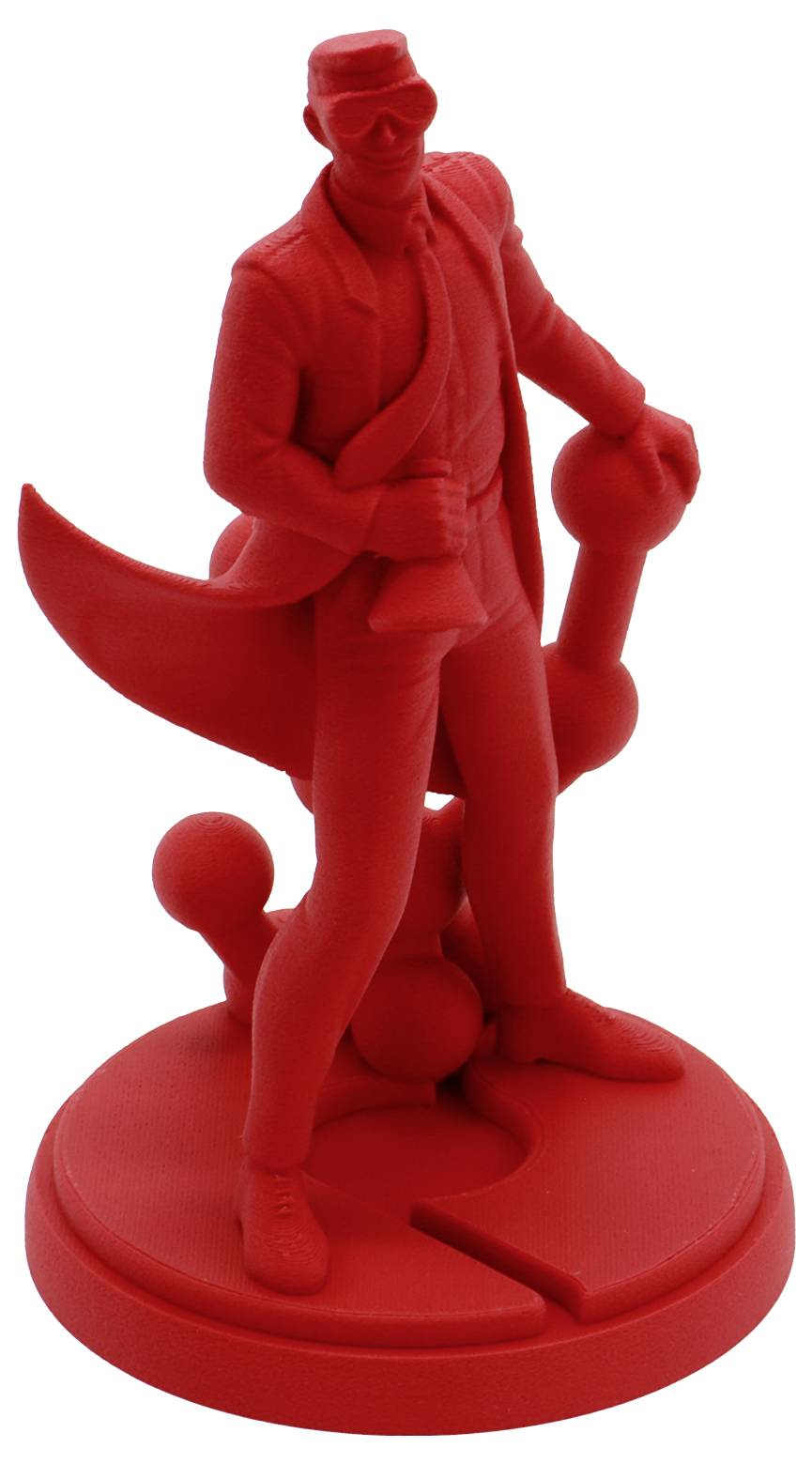 Figurine 3D rouge d'un homme masqué dans un long manteau se tenant debout sur une base ronde, tenant une épée et une canne.