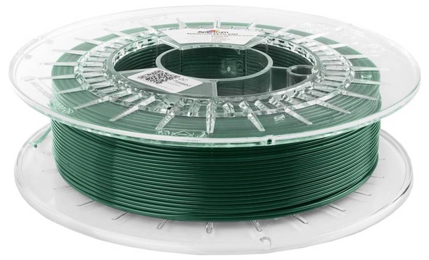 Une bobine de filament vert pour imprimante 3D enroulée sur une bobine en plastique transparent.