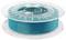 Bobine de filament pour imprimante 3D turquoise sur une bobine en plastique transparent sur fond blanc.