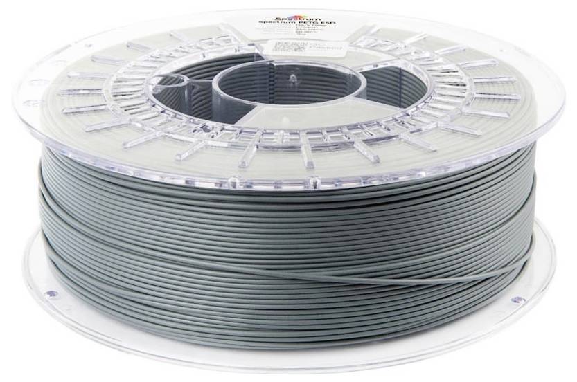 Une grande bobine de filament gris pour imprimante 3D enroulée sur une bobine en plastique transparent.